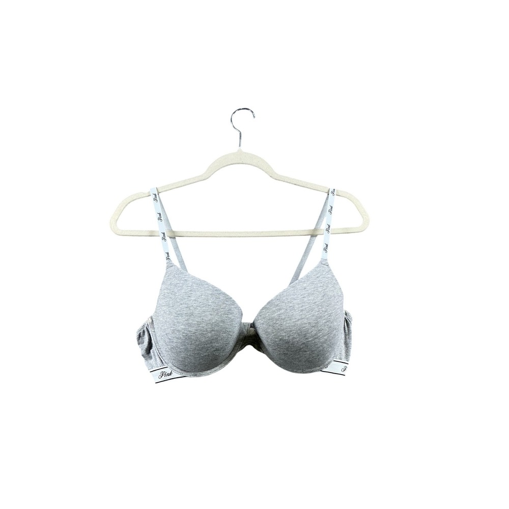 Pink Victoria's Secret Wear Everywhere Push-Up Bra Gray 36D Logo Straps